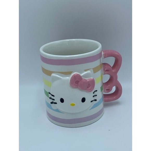 Sanrio Hello Kitty 3D Sculpted Striped Ceramic Mug with bow handle Set of 2 Mugs - Picture 3 of 10
